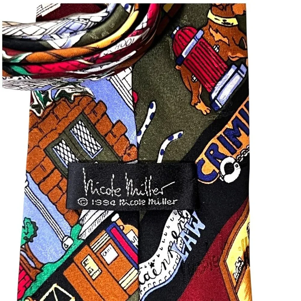 VTG Necktie Nicole Miller 90s Hand Sewn Pop Art Law School Legal Humor Silk‎
